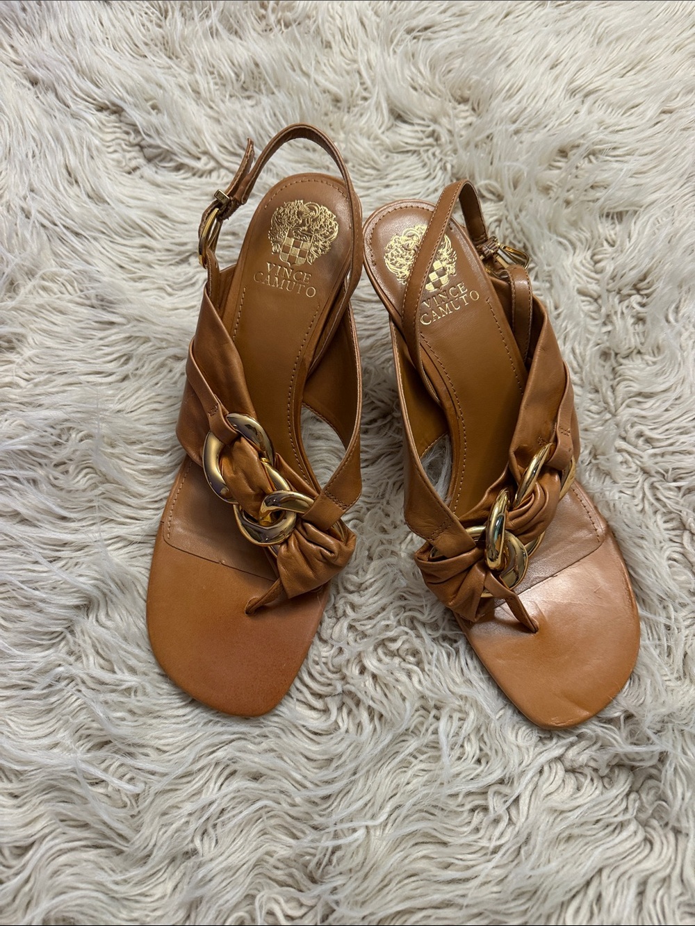 Vince Camuto Cognac Leather Knotted Slingback Sandals with Gold Rings